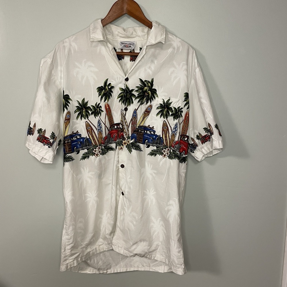 VTG Pacific Legend Shirt Floral Short Sleeve White Surfboard‎ Car Print L Hawaii